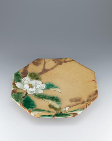 鉄絵掛分釉彩八角大鉢「朴ノ木」
