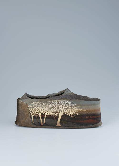 佐伯守美 象嵌釉彩樹林文扁壺 公益社団法人日本工芸会