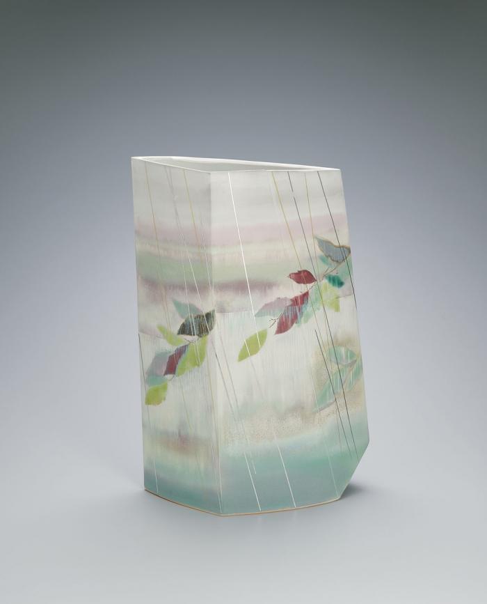 釉描彩花器「窓辺の翠雨」