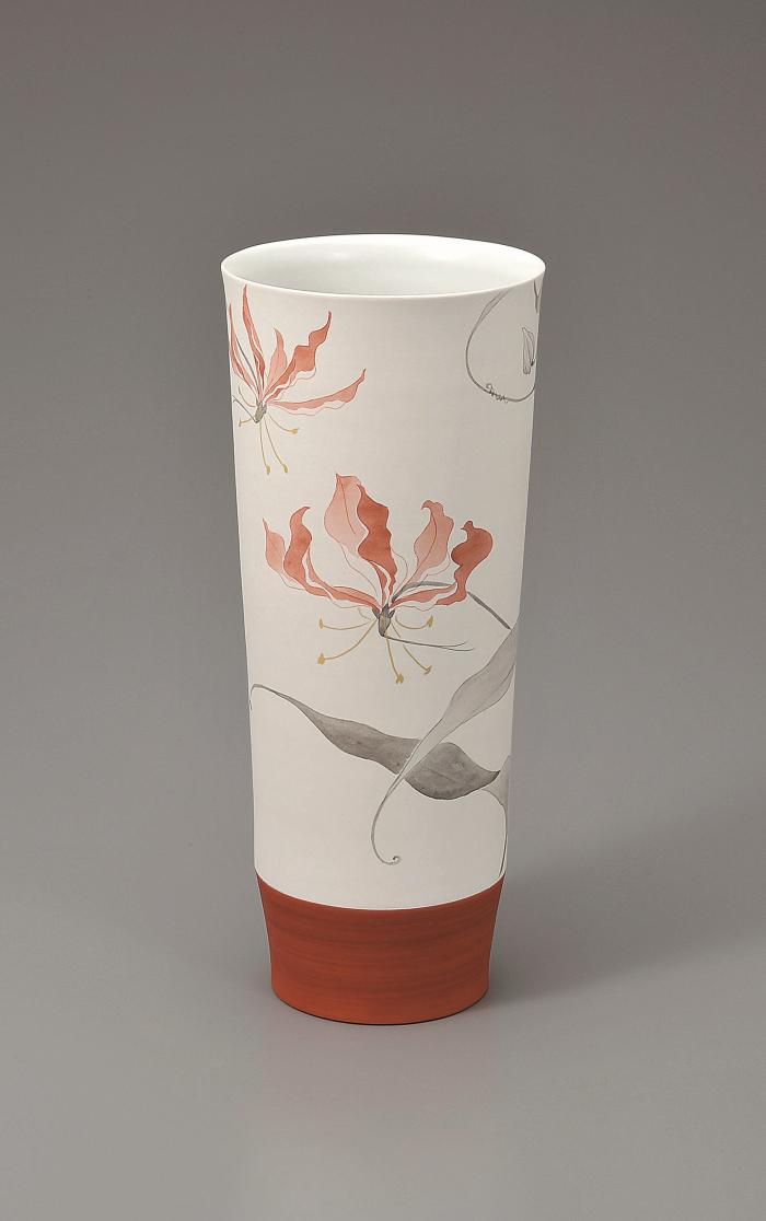 赤絵墨彩グロリオサ文筒花入