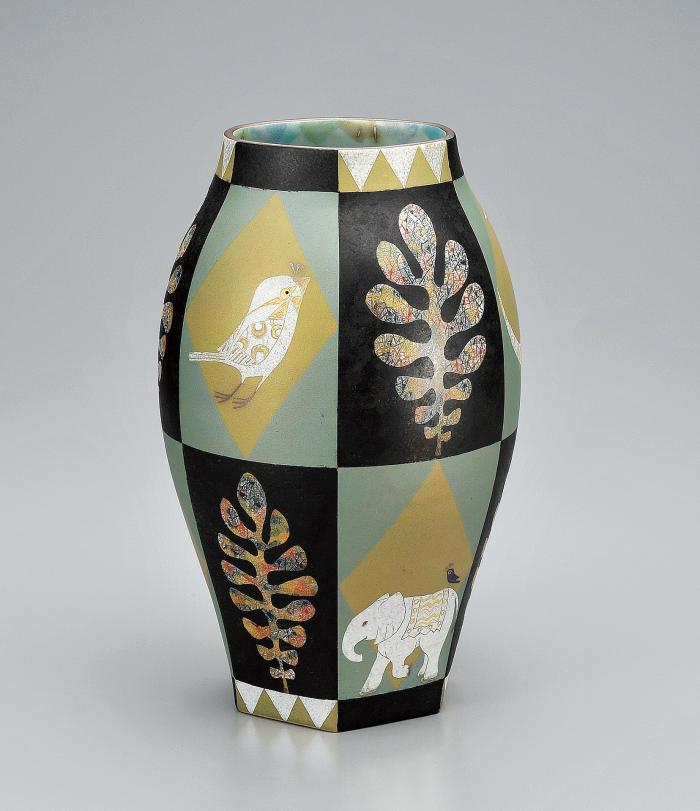 釉刻色絵金銀彩面取壷