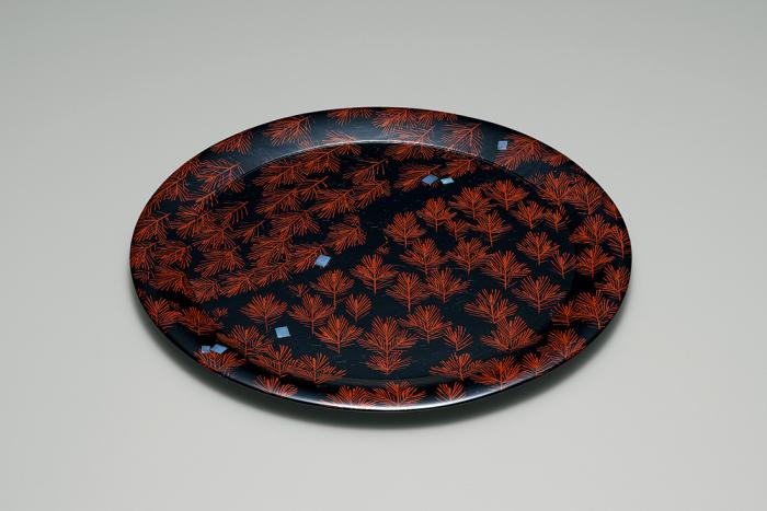 朱描一閑塗丸盆「松頼峠」