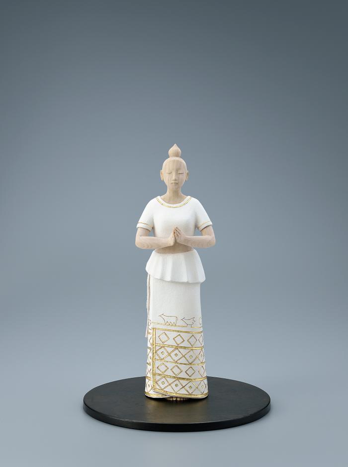 木彫胡粉布嵌込「祈りの刻」