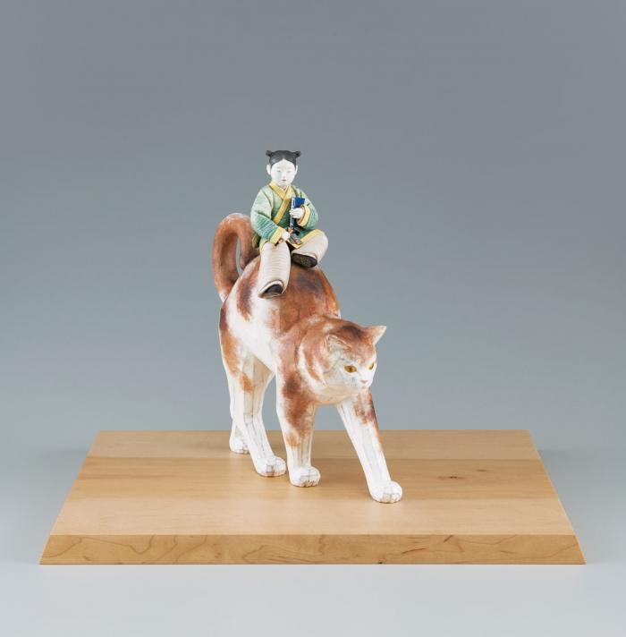 木彫和紙布貼「吟詩猫背」