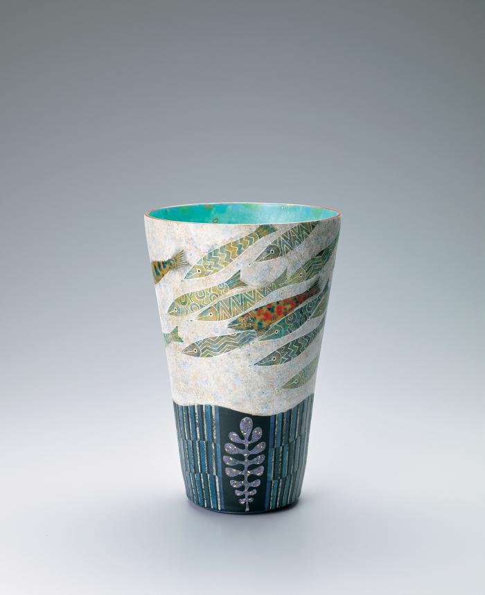 釉刻色絵金銀彩広口壺