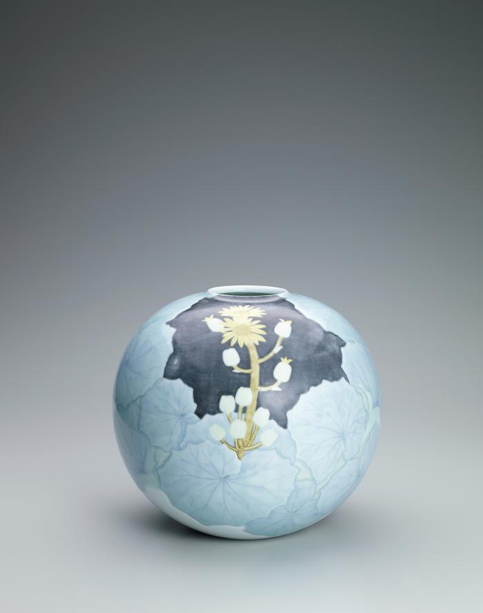 釉彩磁石蕗文壺