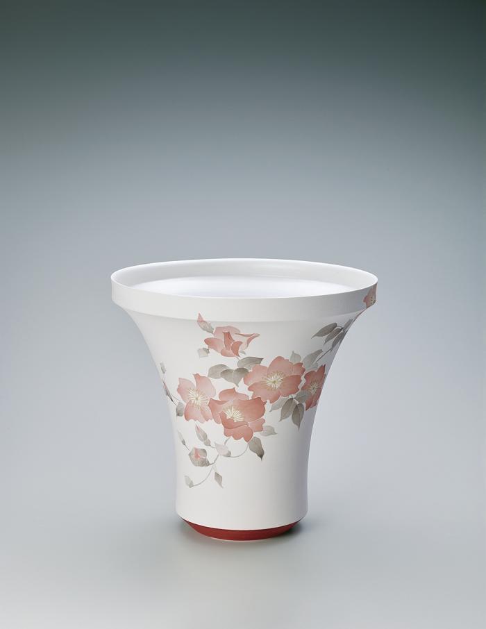 赤絵墨彩つるばら文花器