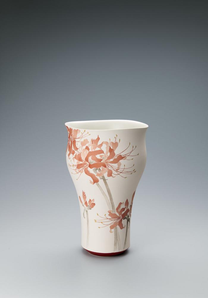 赤絵墨彩曼珠沙華文花器