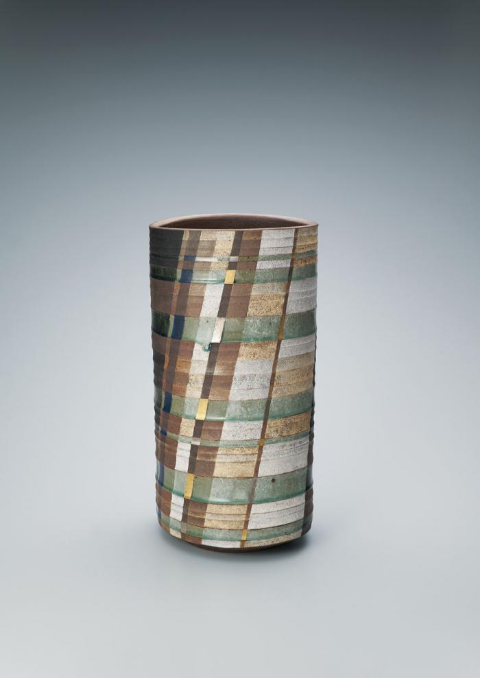 金・白金彩灰釉格子文花器