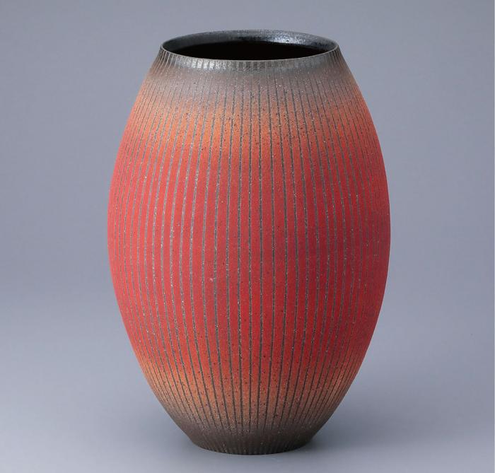 茜彩筋文花器