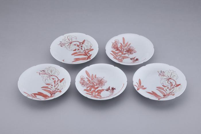 赤絵花文六寸鉢 5客セット