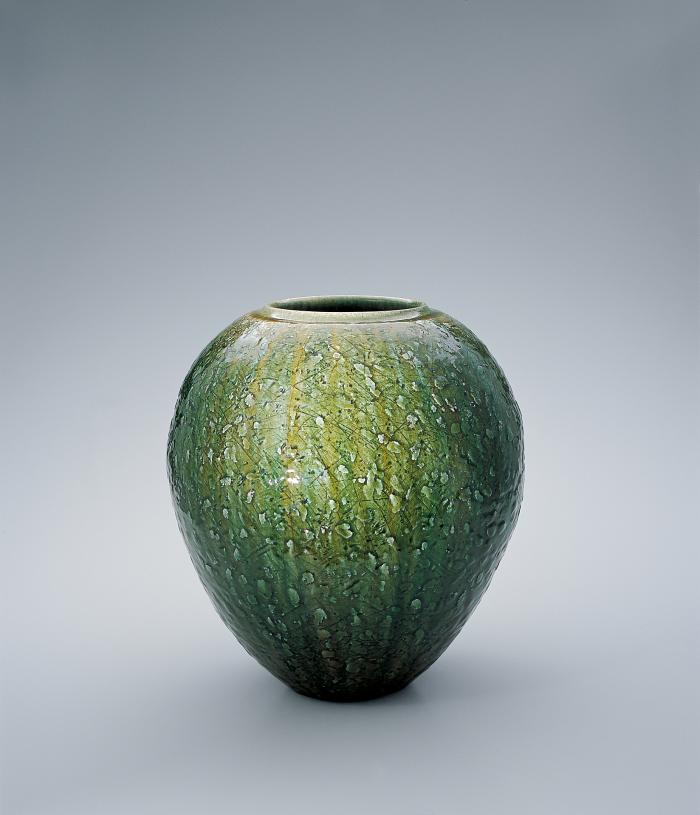 灰陶緑釉彩壺